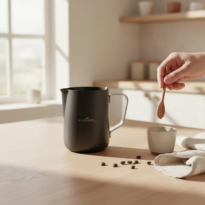 A black Kashpel barista milk pitcher on a sunlit wooden kitchen counter, with a hand holding a wooden spoon, a ceramic cup and scattered coffee beans.