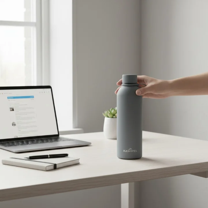 A grey Kashpel insulated bottle on a bright white desk beside a laptop, notebook and a small potted succulent.