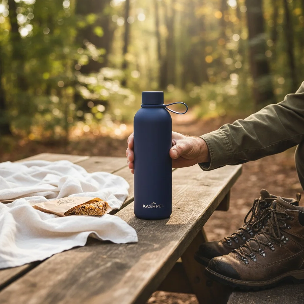 A hand holding a navy Kashpel insulated bottle on a wooden picnic table in a sunlit forest, beside hiking boots.